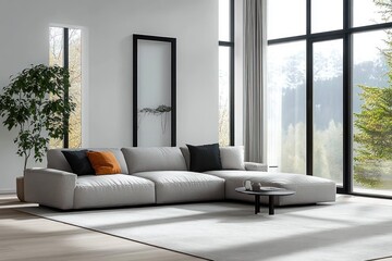 Poster - Cozy Minimalist Living Room with Gray Sofa and Modern Coffee Table Bathed in Natural Light