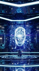 Poster - A glowing digital human head emerging from an illuminated futuristic wall.