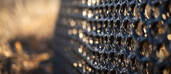 Poster - Closeup of textured grey mesh fence illuminated by soft sunlight with a blurred background creating a serene atmosphere