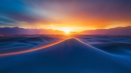 Aufkleber - Golden hues blend seamlessly into cool blue shades as a breathtaking sunset casts a warm glow over undulating sand dunes. This serene desert landscape evokes peace and wonder in twilight