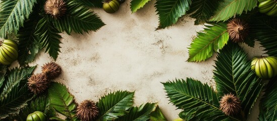 Poster - Chestnut tree branches with green leaves and nuts framing a blank space for text on a rustic background