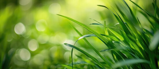 Poster - Vibrant bokeh background with green grass creating a tranquil atmosphere and ample space for text or messaging.