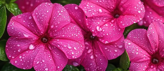 Poster - Vibrant close-up of pink flowers with droplets showcasing natural beauty and freshness in a lush garden setting.
