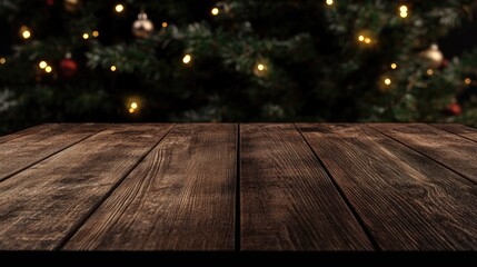 Poster - Wooden table foreground with blurred Christmas tree lights creating a festive atmosphere ideal for holiday text placement and advertising use