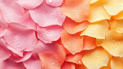 Poster - Dewy rose petals in pink and orange hues create a serene backdrop with soft light and empty space for text or graphics.