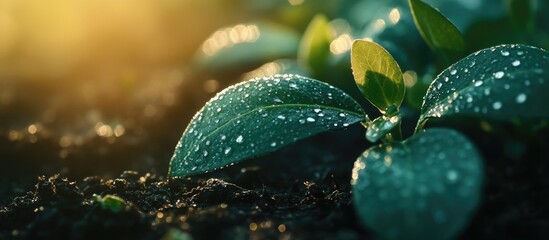 Poster - Closeup of dew-kissed evergreen leaves thriving in a sunlit garden setting with rich soil background highlighting natural growth.