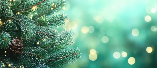Poster - Closeup of spruce branches with selective focus creating a vibrant green Christmas background with soft bokeh lights for festive atmosphere