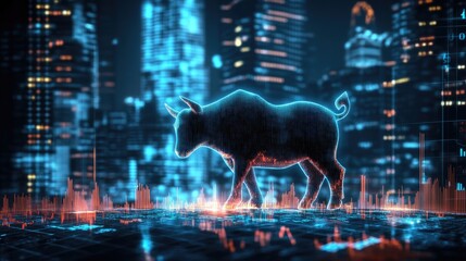 Poster - Stock market display with increasing share prices and a bull symbol, set against a glowing, futuristic cityscape at night, representing positive returns and growth.