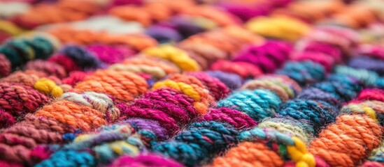 Poster - Vibrant close-up view of a colorful woven carpet showcasing intricate texture and rich patterns in a blend of warm hues.