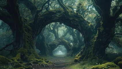 Poster - Ancient Trees, Towering trees with twisted trunks and glowing moss, creating a natural archway that leads deeper into the enchanted woods.