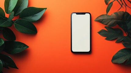 Poster - smartphone display with vibrant background and lush foliage framing blank space for text or advertis