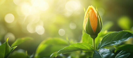Poster - closeup of vibrant yellow orange rosebud surrounded by lush greenery and soft sunlight creating a se