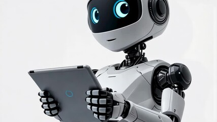 Poster - Advanced robotics: cute humanoid robot engages with tablet technology