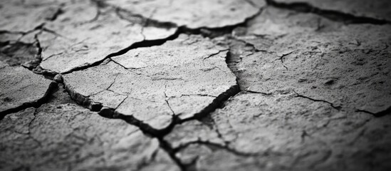 Poster - Detailed close-up of cracked grey concrete surface showcasing texture and depth in monochrome tones for architectural or design backgrounds.