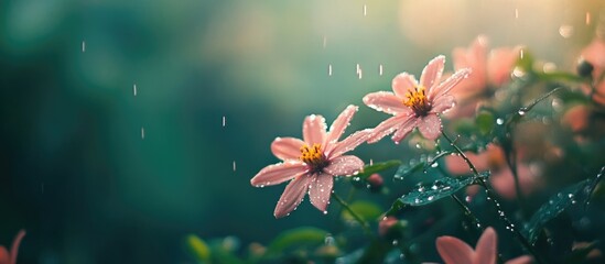 Poster - Close-up of pink flowers with rain droplets in evening light creating a serene atmosphere and ample space for text in nature background.