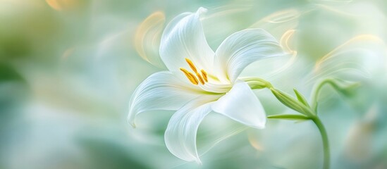 Poster - Elegant white lily in soft focus against a dreamy green background showcasing delicate petals and warm highlights.
