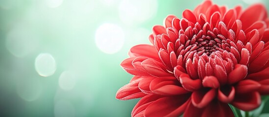 Poster - Vibrant Red Chrysanthemum Flower Close-Up Against Soft Green Background