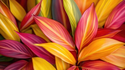 Poster - Vibrant tropical foliage background showcasing colorful leaves with ample space for text display or creative design elements.