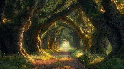 Poster - Ancient Trees, Towering trees with twisted trunks and glowing moss, creating a natural archway that leads deeper into the enchanted woods.