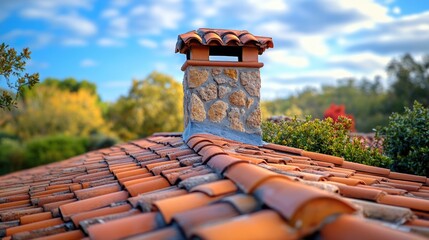 Poster - Closeup of terracotta roof tiles with a stone chimney against a scenic background and empty space for text or advertising purposes
