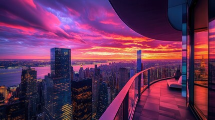 Aufkleber - Stunning sunset cityscape viewed from a modern balcony, with vibrant orange and purple hues painting the sky over skyscrapers and city lights.