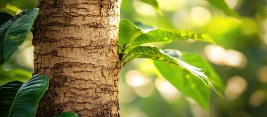 Wall Mural - Close up of textured brown tree trunk surrounded by lush green leaves in soft natural light