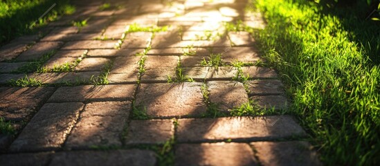 Poster - Closeup view of a brick sidewalk pattern illuminated by sunlight with grass and shadows creating a serene outdoor atmosphere