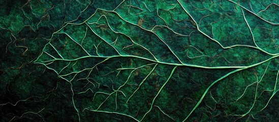Poster - Closeup of textured green leaf in dark tones creating a tropical nature background highlighting intricate vein patterns and natural beauty.