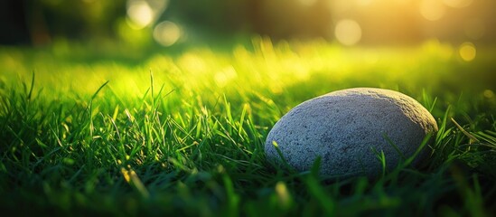 Poster - Smooth stone resting on vibrant green grass illuminated by warm sunlight in a serene outdoor setting.