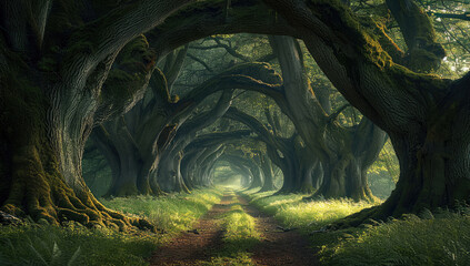 Poster - Ancient Trees, Towering trees with twisted trunks and glowing moss, creating a natural archway that leads deeper into the enchanted woods.