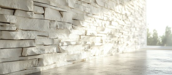 Poster - Interior view of a white brick wall paired with a worn concrete floor creating a minimalist aesthetic in a bright, spacious room.