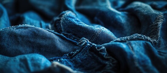 Poster - Detailed close-up of textured blue jeans fabric showcasing intricate weaving and stitching patterns. Ideal for fashion and textile related projects.