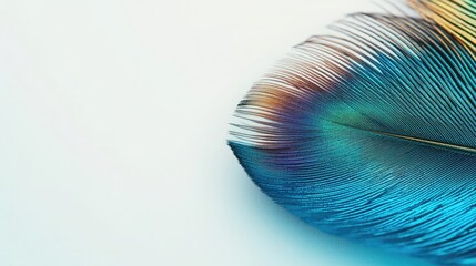 Poster - Vibrant peacock feather close-up on light background showcasing intricate details and colors with ample space for text or design elements.