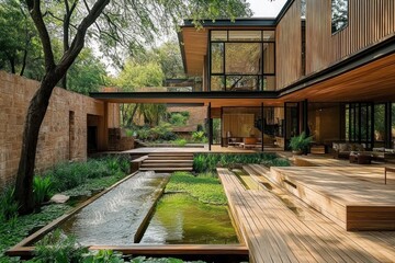 Wall Mural - Modern wood house, tranquil garden, courtyard fountain, Mexico