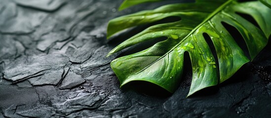 Poster - Closeup of a vibrant green tropical leaf on a textured dark stone background showcasing natural beauty and serene nature concept.