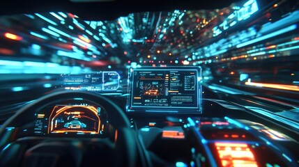 Aufkleber - The interface of an autonomous vehicle with 5G signals visible on data screens, reflecting advanced technology and seamless connectivity for the future of transport.