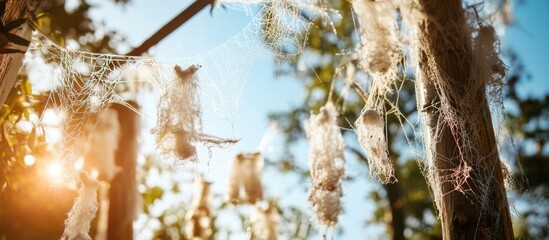 Poster - Close up of decorative cobwebs hanging on branches with sunlight streaming through, creating a dreamy atmosphere with space for text.