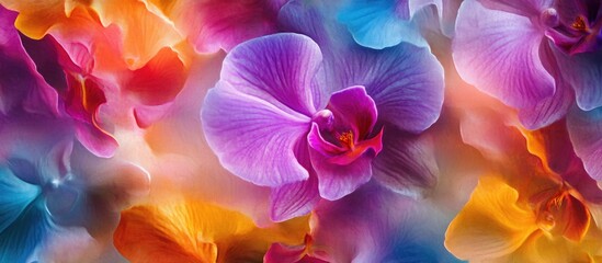 Poster - Vibrant closeup of colorful orchid flowers creating an artistic floral pattern for a stunning wallpaper design.