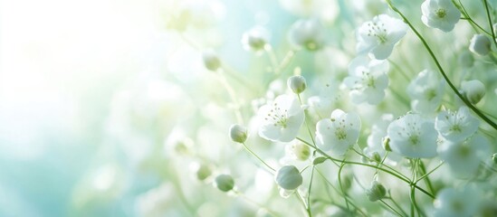Poster - Delicate close-up of white gypsophila flowers with soft green foliage in a serene natural setting capturing tranquility and beauty