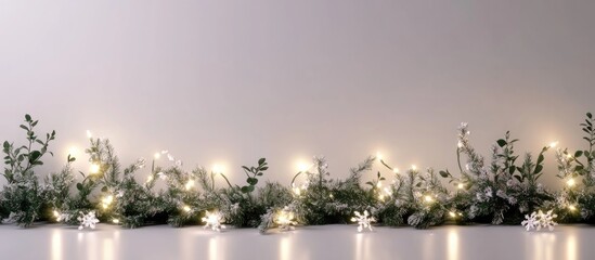 Poster - Illuminated garland with cold lights on a soft gray background creating a serene and festive atmosphere for holiday decorations.