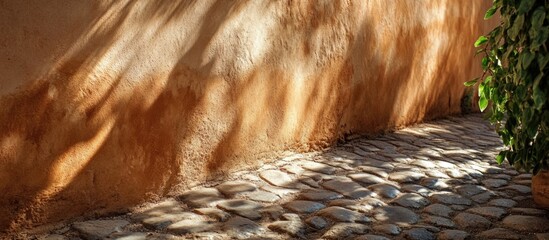 Poster - Closeup of textured adobe wall casting soft shadows on cobblestone street in warm natural light highlighting rustic charm.
