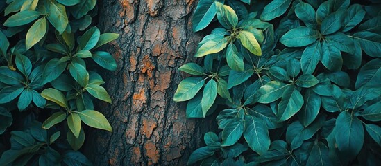 Poster - Closeup view of a tree trunk surrounded by lush green leaves showcasing the beauty of nature and texture in a forest setting
