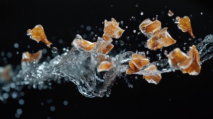 Poster - The moment of glass shattering, captured in high detail with pieces flying, frozen in time against a deep black backdrop.