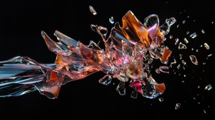 Poster - The moment of glass shattering, captured in high detail with pieces flying, frozen in time against a deep black backdrop.