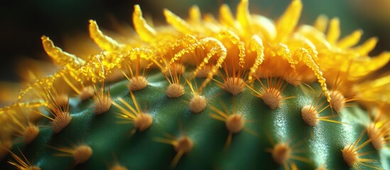Poster - Closeup of Echinocactus Grusonii showcasing vibrant golden spines and textured green surface in natural light for botanical focus.