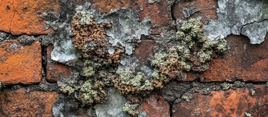 Poster - Detailed close-up of weathered brick wall revealing textured surface with lichen and peeling paint for architectural or natural backgrounds.