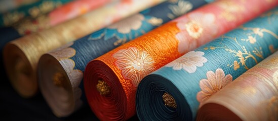 Poster - vibrant closeup of traditional Japanese washi paper showcasing intricate floral designs and rich colors in a beautiful display