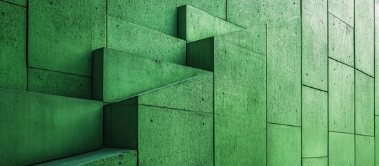 Poster - Textured green concrete wall with geometric shapes and patterns, showcasing modern architectural design and artistic surface detail.