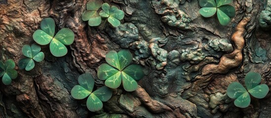 Poster - Macro view of clover leaves growing on textured tree bark highlighting nature's beauty and resilience in a harmonious ecosystem.