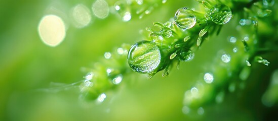 Wall Mural - Dew Drops on Green Plant Life Macro Shot Capturing Nature's Beauty After Rain